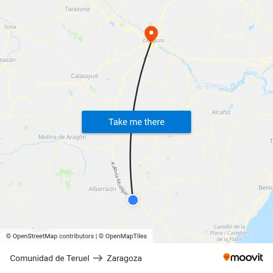 Comunidad de Teruel to Zaragoza map