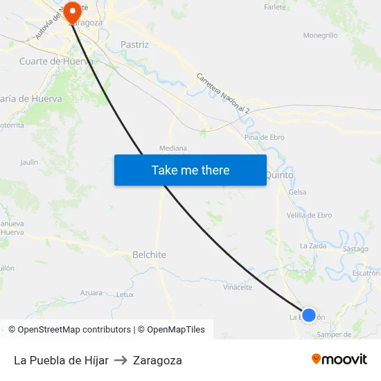 La Puebla de Híjar to Zaragoza map