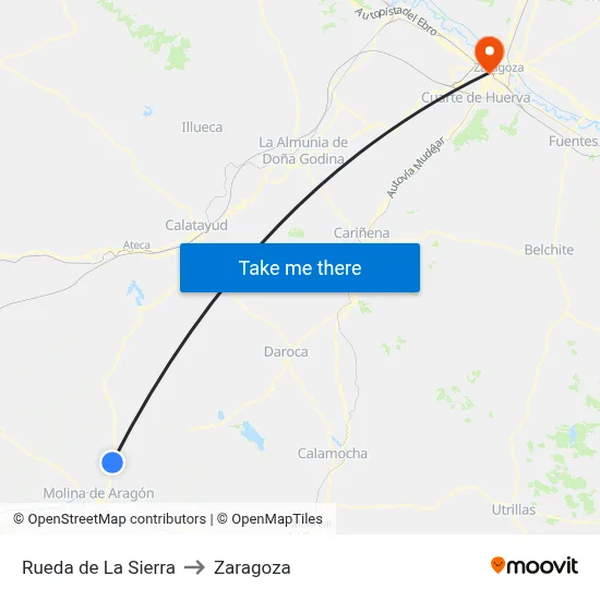 Rueda de La Sierra to Zaragoza map