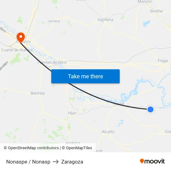 Nonaspe / Nonasp to Zaragoza map