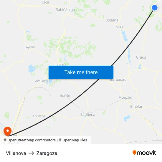Villanova to Zaragoza map
