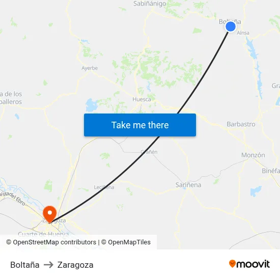 Boltaña to Zaragoza map