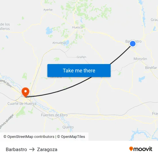 Barbastro to Zaragoza map