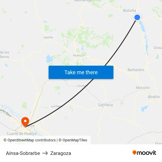 Aínsa-Sobrarbe to Zaragoza map