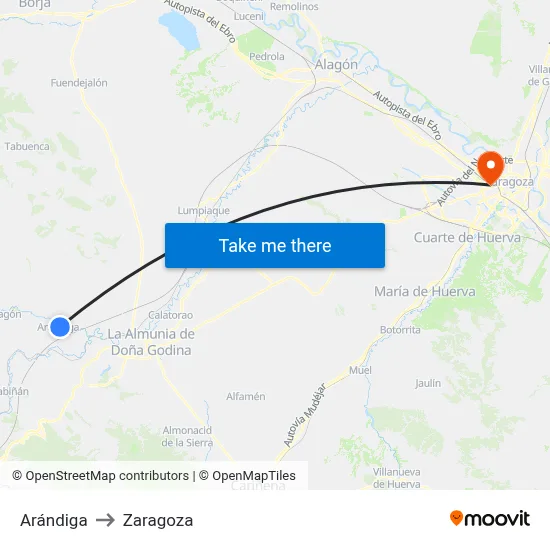 Arándiga to Zaragoza map