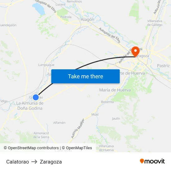 Calatorao to Zaragoza map