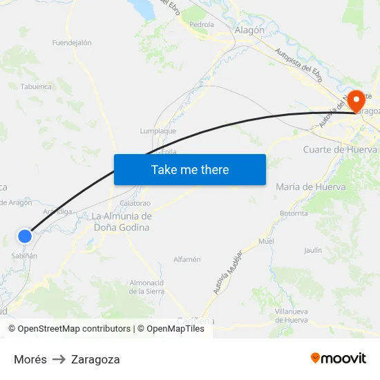 Morés to Zaragoza map