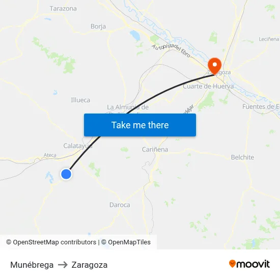Munébrega to Zaragoza map