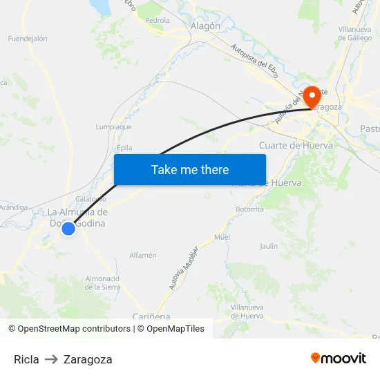 Ricla to Zaragoza map