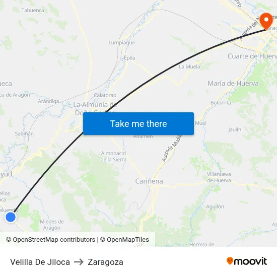 Velilla De Jiloca to Zaragoza map