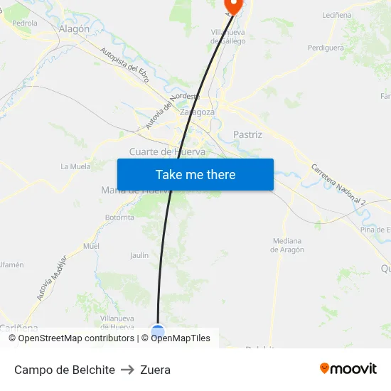 Campo de Belchite to Zuera map