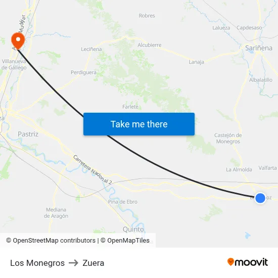 Los Monegros to Zuera map