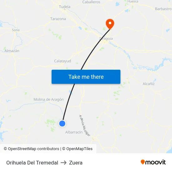 Orihuela Del Tremedal to Zuera map