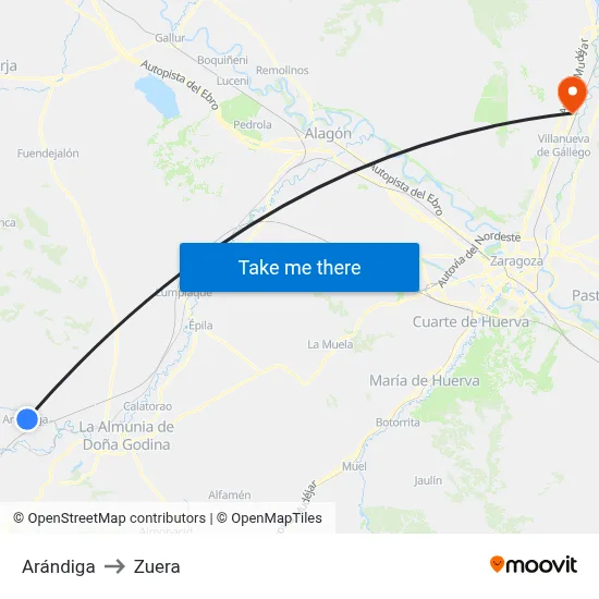Arándiga to Zuera map