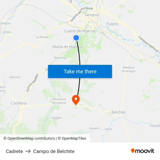 Cadrete to Campo de Belchite map