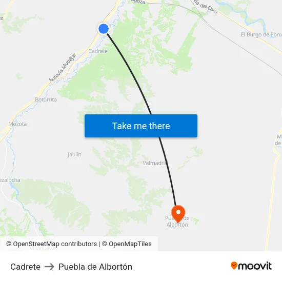 Cadrete to Puebla de Albortón map