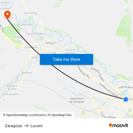 Zaragoza to Luceni map