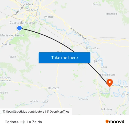Cadrete to La Zaida map