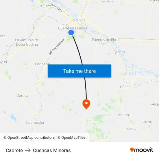 Cadrete to Cuencas Mineras map