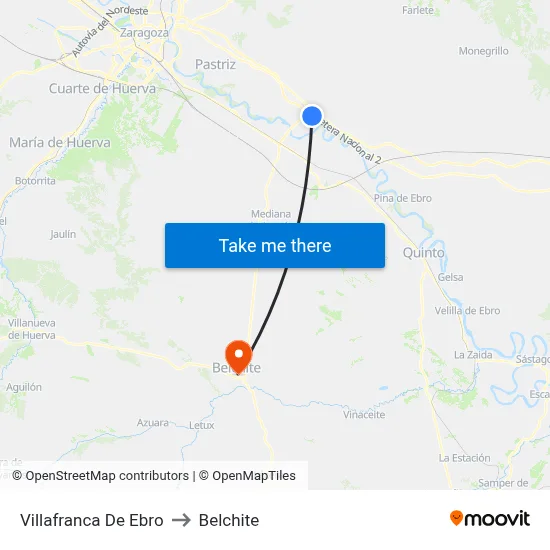 Villafranca De Ebro to Belchite map