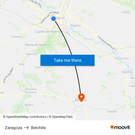 Zaragoza to Belchite map