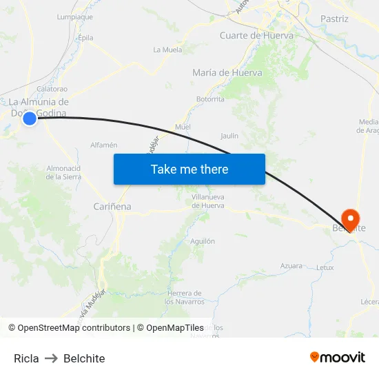 Ricla to Belchite map
