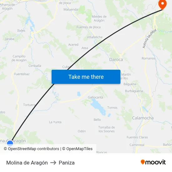 Molina de Aragón to Paniza map