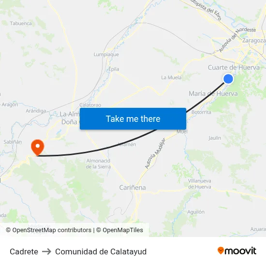 Cadrete to Comunidad de Calatayud map