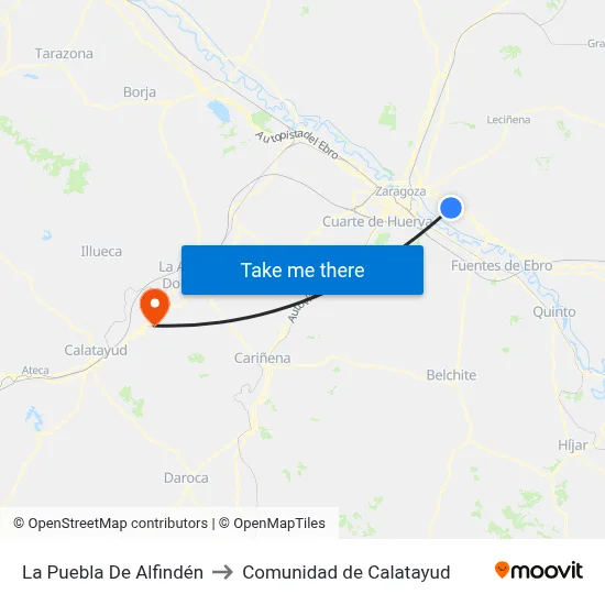 La Puebla De Alfindén to Comunidad de Calatayud map
