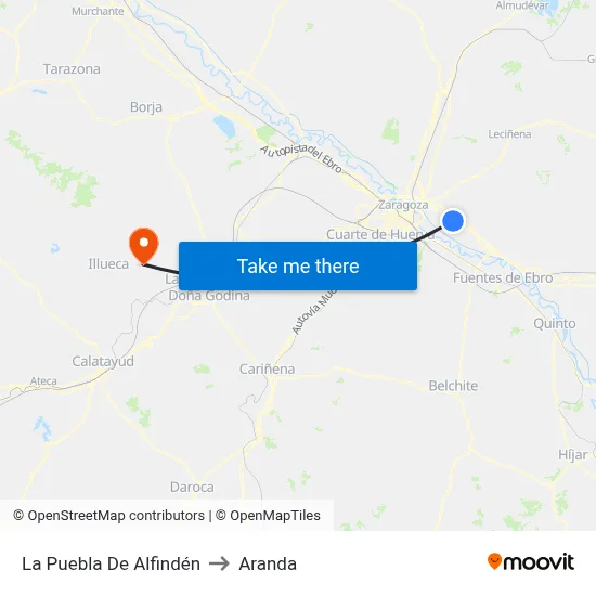 La Puebla De Alfindén to Aranda map