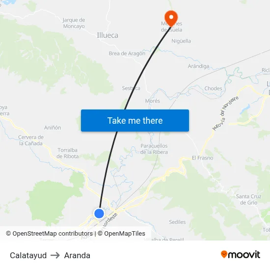 Calatayud to Aranda map