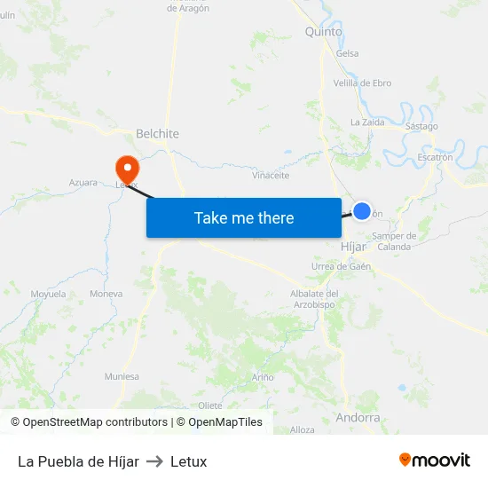 La Puebla de Híjar to Letux map