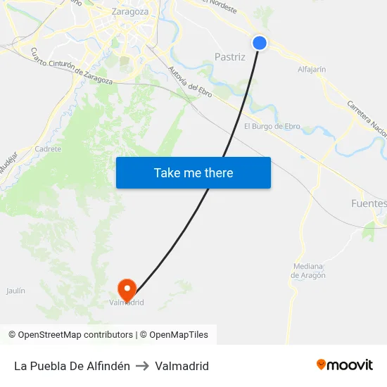 La Puebla De Alfindén to Valmadrid map