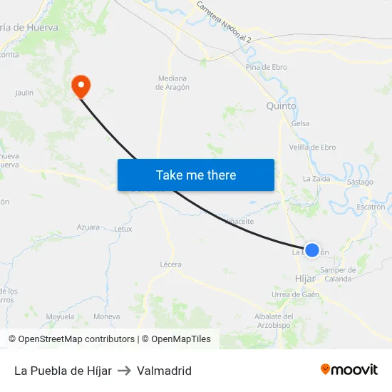 La Puebla de Híjar to Valmadrid map