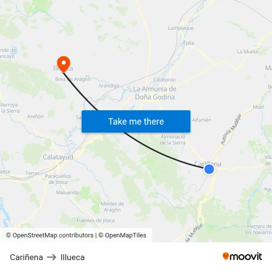 Cariñena to Illueca map