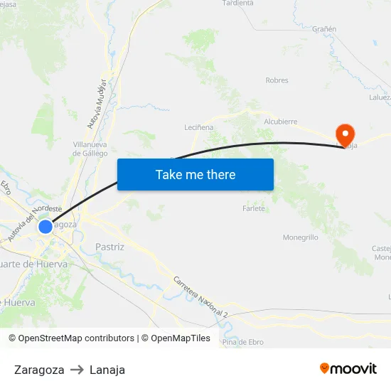Zaragoza to Lanaja map