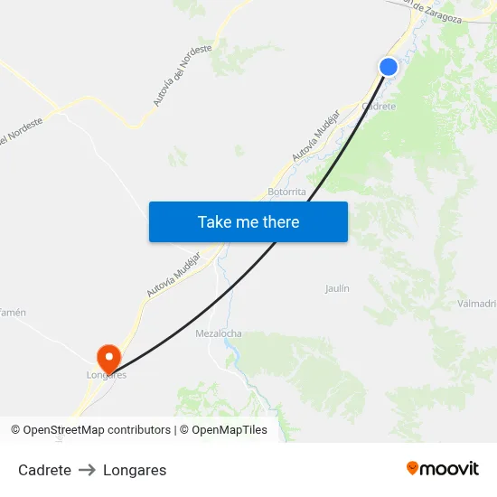 Cadrete to Longares map