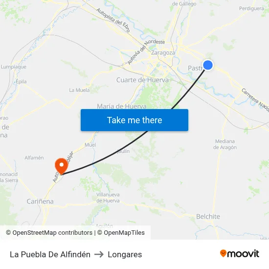 La Puebla De Alfindén to Longares map