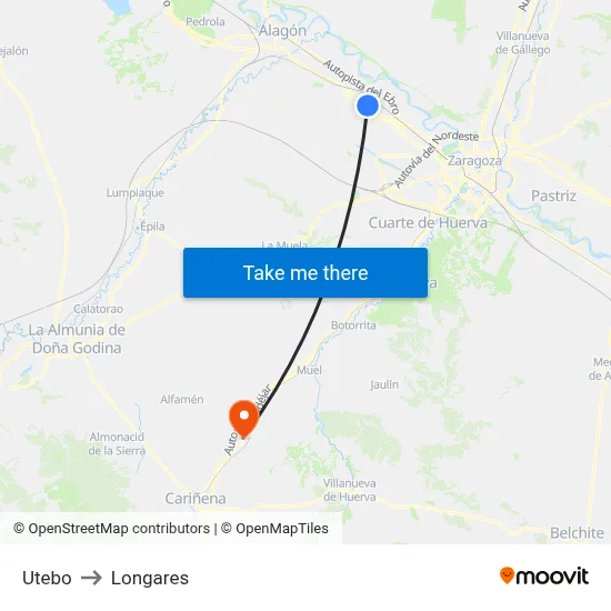 Utebo to Longares map