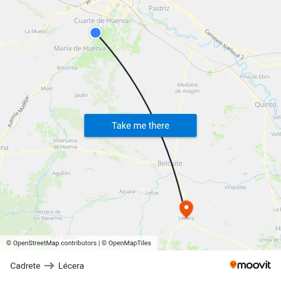 Cadrete to Lécera map
