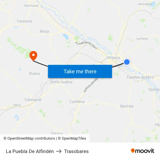 La Puebla De Alfindén to Trasobares map