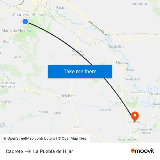 Cadrete to La Puebla de Híjar map