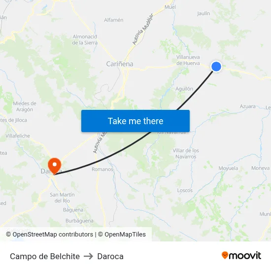 Campo de Belchite to Daroca map