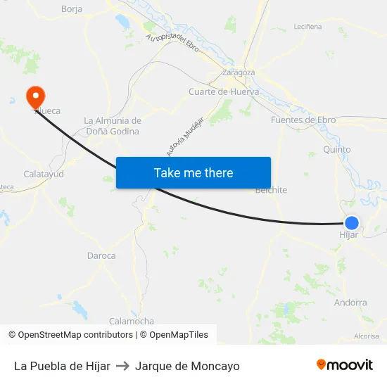 La Puebla de Híjar to Jarque de Moncayo map