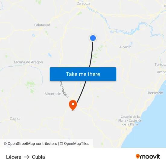 Lécera to Cubla map