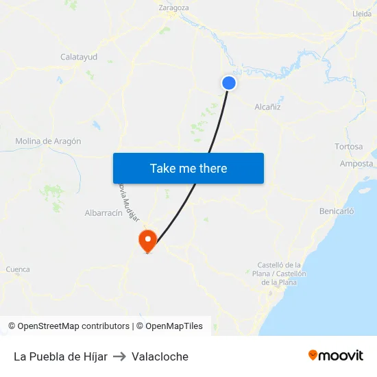 La Puebla de Híjar to Valacloche map