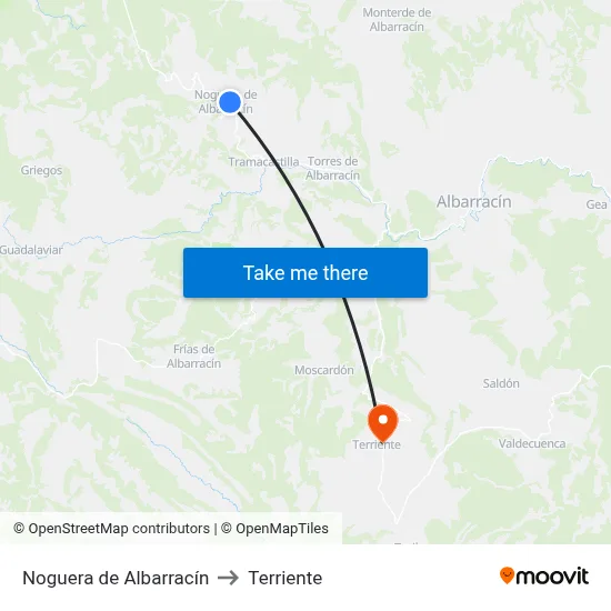 Noguera de Albarracín to Terriente map