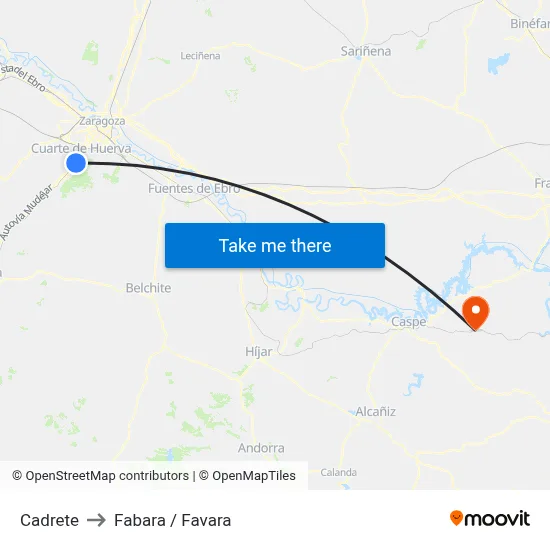 Cadrete to Fabara / Favara map