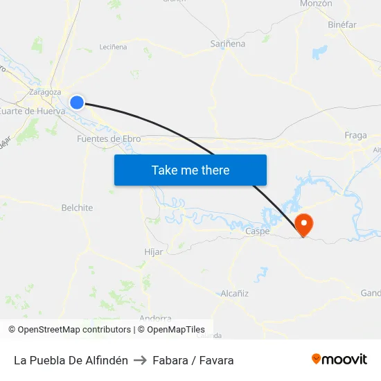 La Puebla De Alfindén to Fabara / Favara map