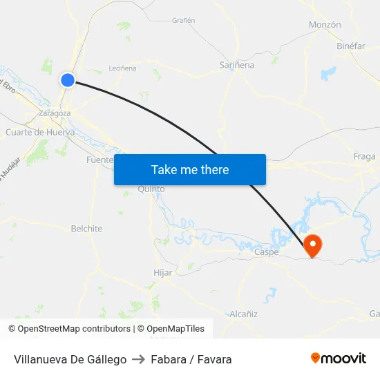 Villanueva De Gállego to Fabara / Favara map